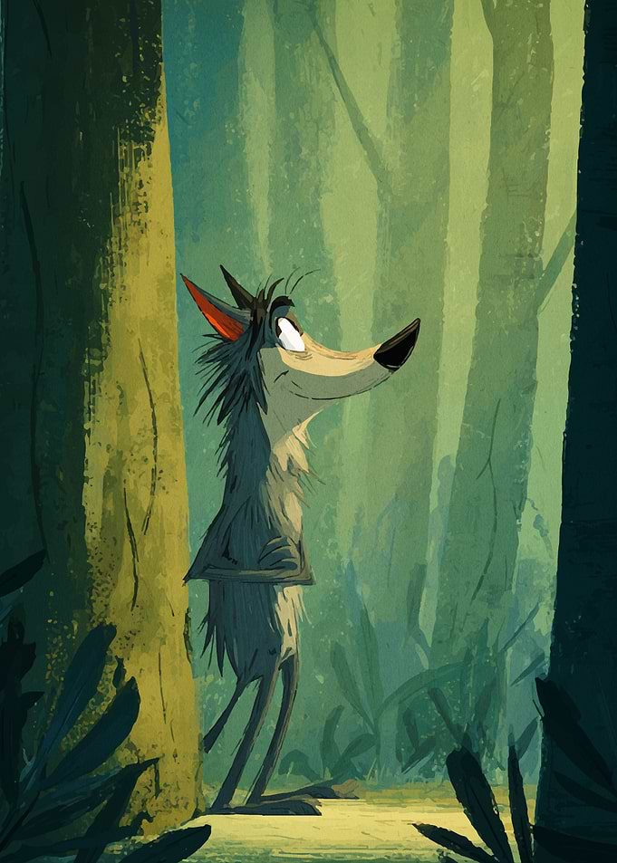 Cartoon Wolf in Forest Illustration