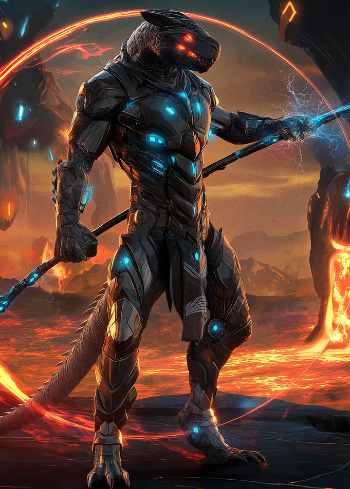 Armored Lizard Warrior in Volcanic Landscape