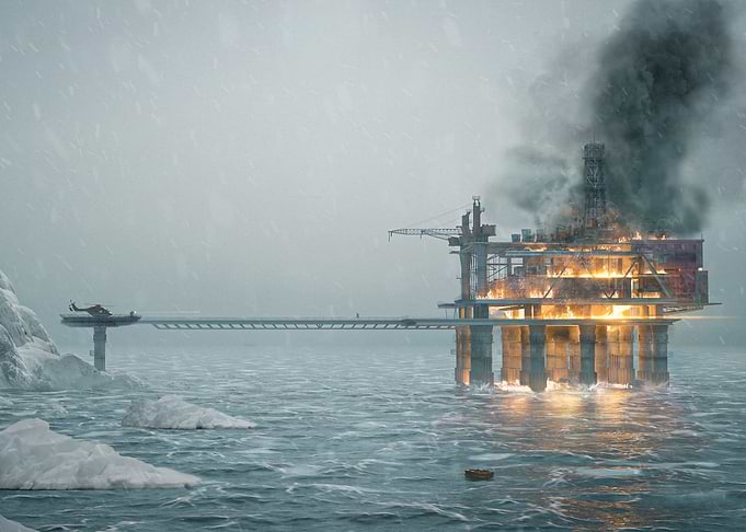 Burning Oil Rig in the Atlantic Ocean
