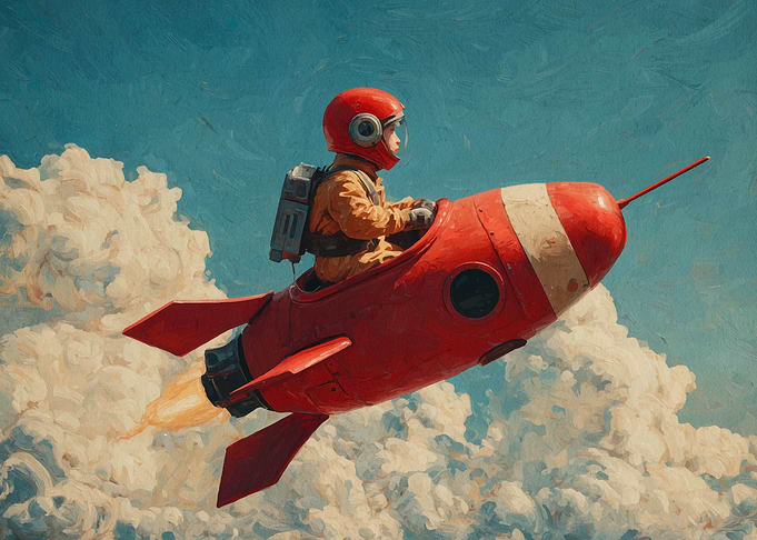Boy Astronaut Riding Red Rocket