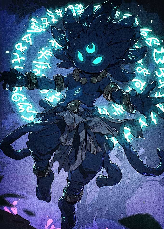 Three-Eyed Figure Glowing Runes