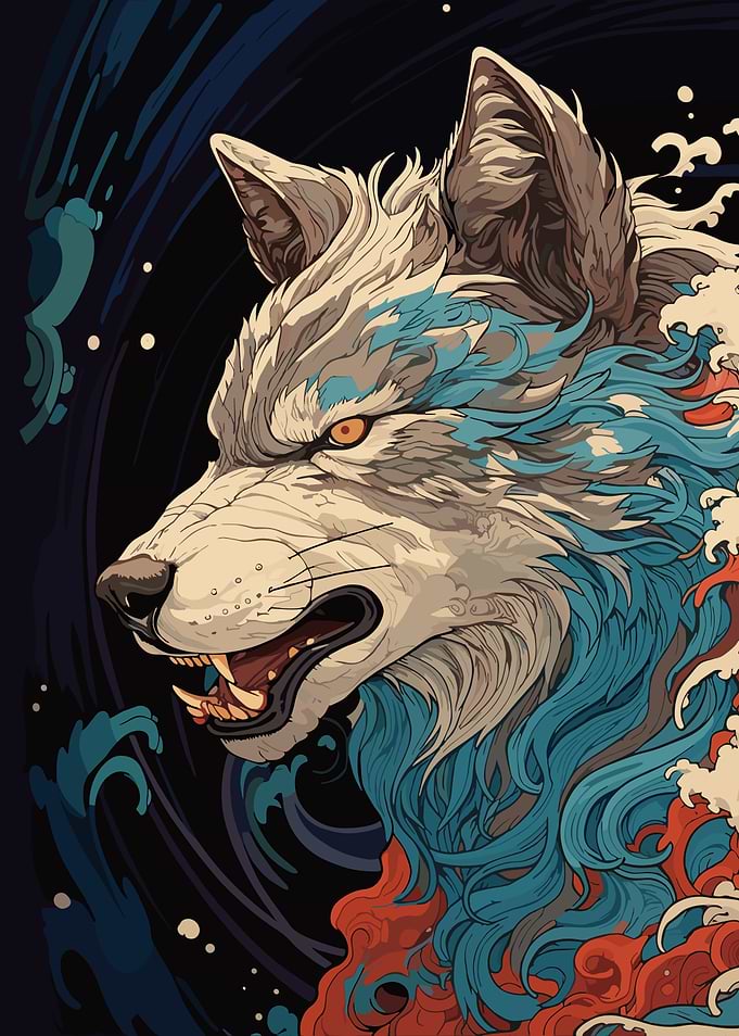 Wolf with Japanese Wave Art