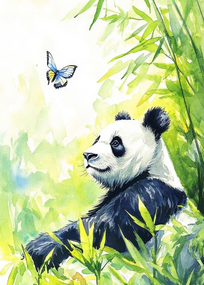 Panda and Butterfly Watercolor Painting