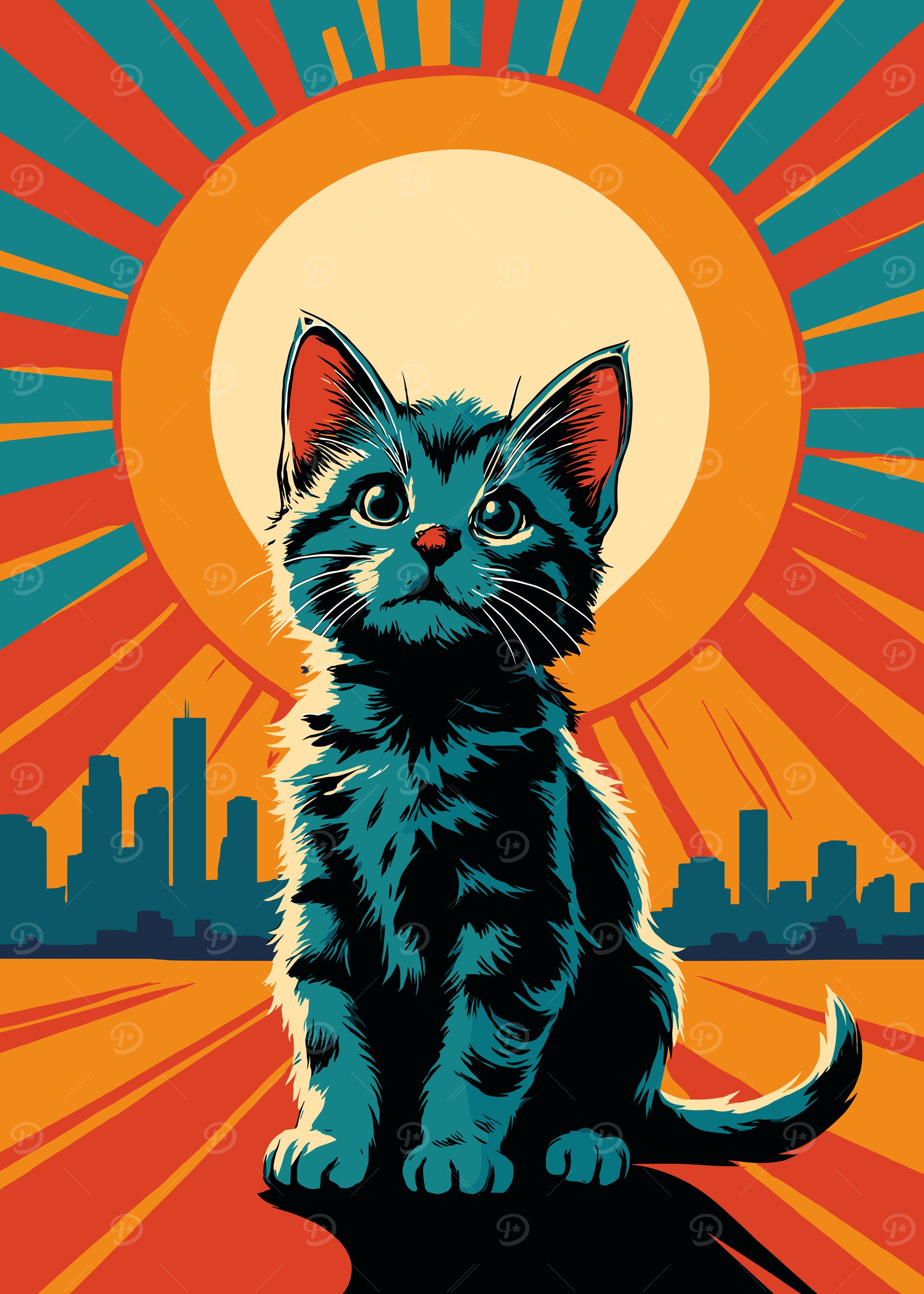 Kitten with Cityscape and Sun