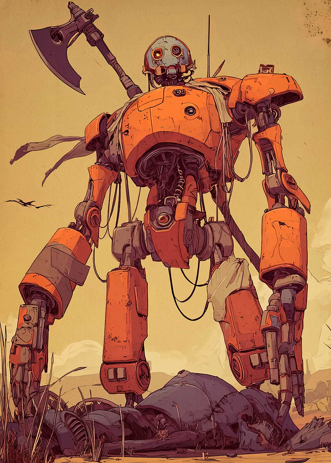 Orange Robot with Axe