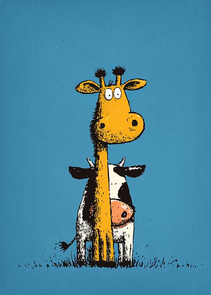 Giraffe and Cow Cartoon Illustration