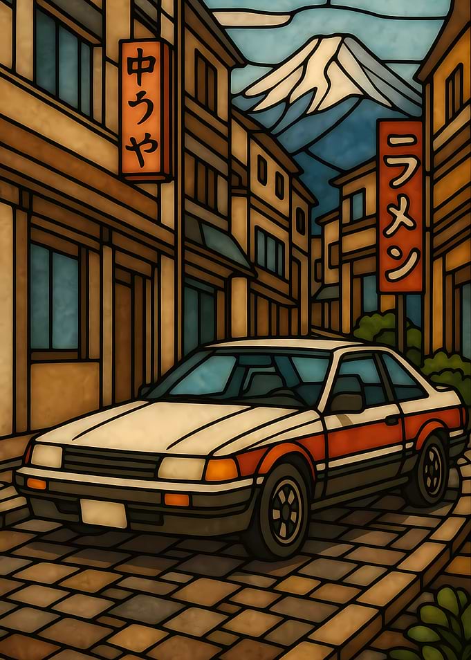 Japanese Street Scene with Car