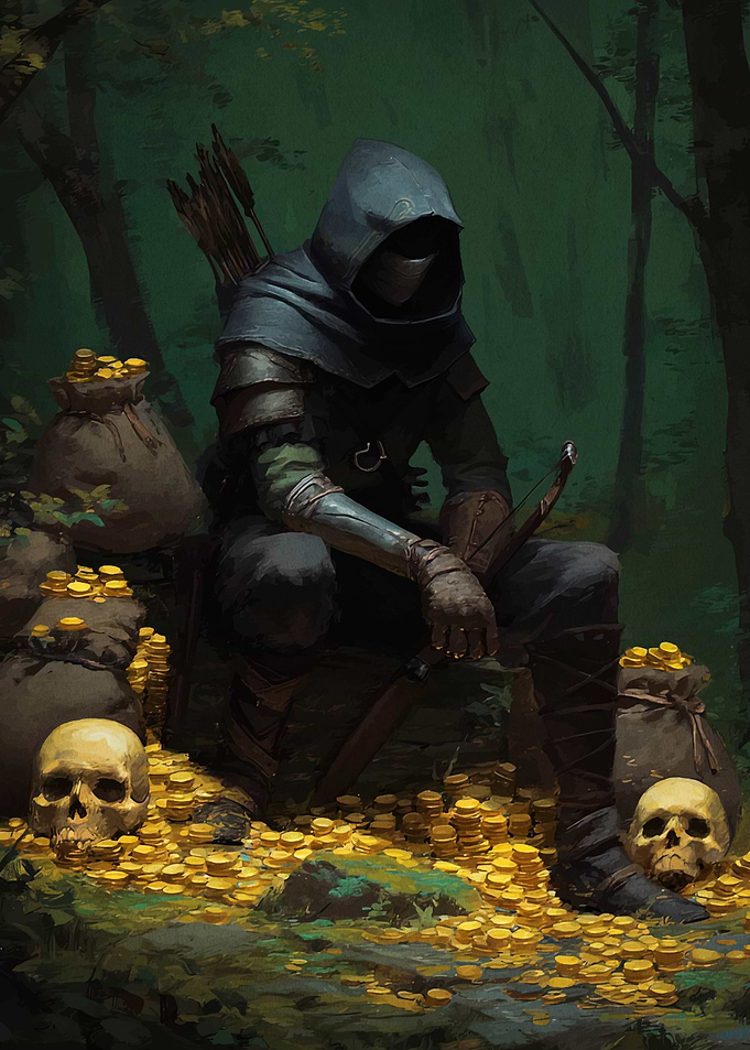 Hooded Thief with Gold and Skulls