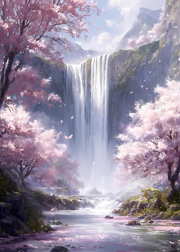 Waterfall and Cherry Blossoms Landscape