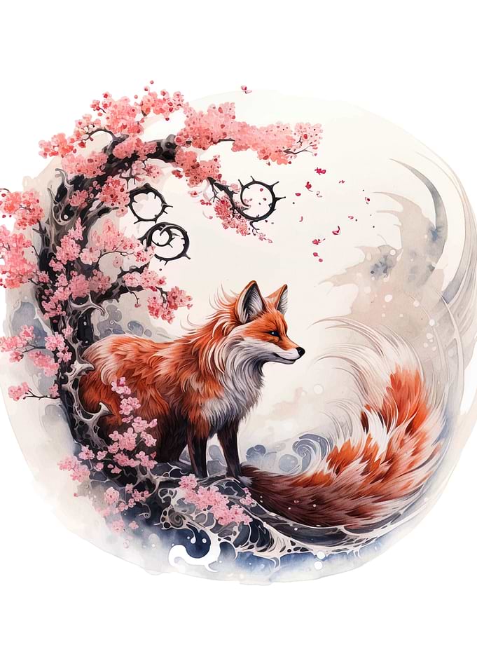 Fox and Cherry Blossoms Watercolor Art