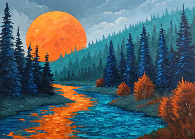 Orange Moon Over Forest River Painting