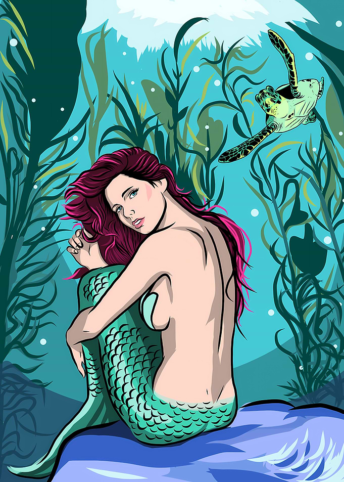 Mermaid in Ocean with Turtle