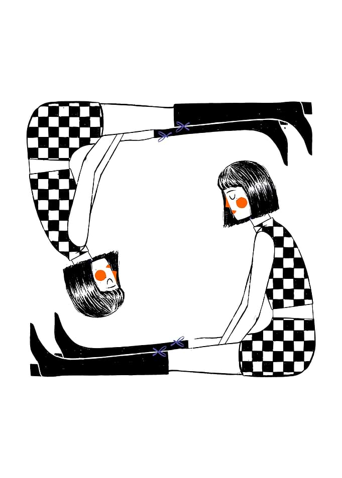 Mirrored Figures in Checkered Attire