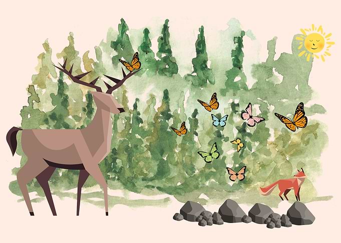 Watercolor Forest Scene with Deer