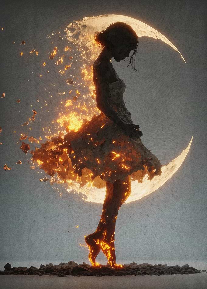 Fiery Woman with Crescent Moon