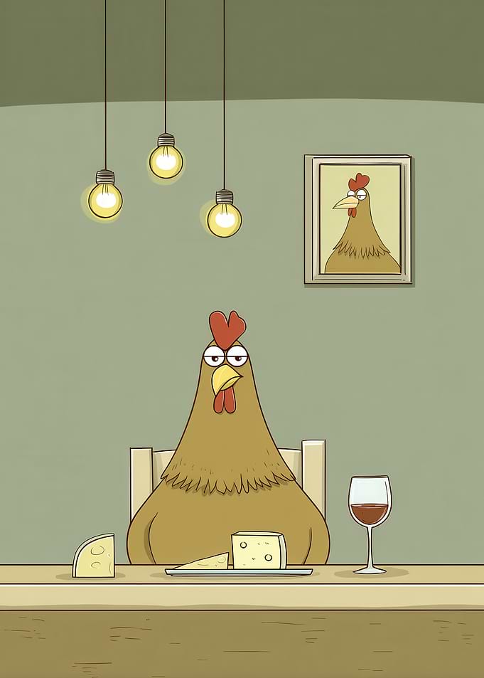Cartoon Chicken Dinner with Cheese and Wine