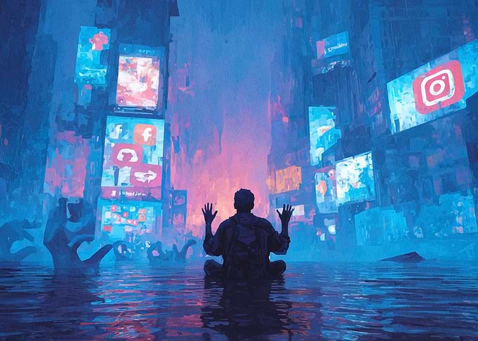 Social Media Meditation in Cyberpunk City