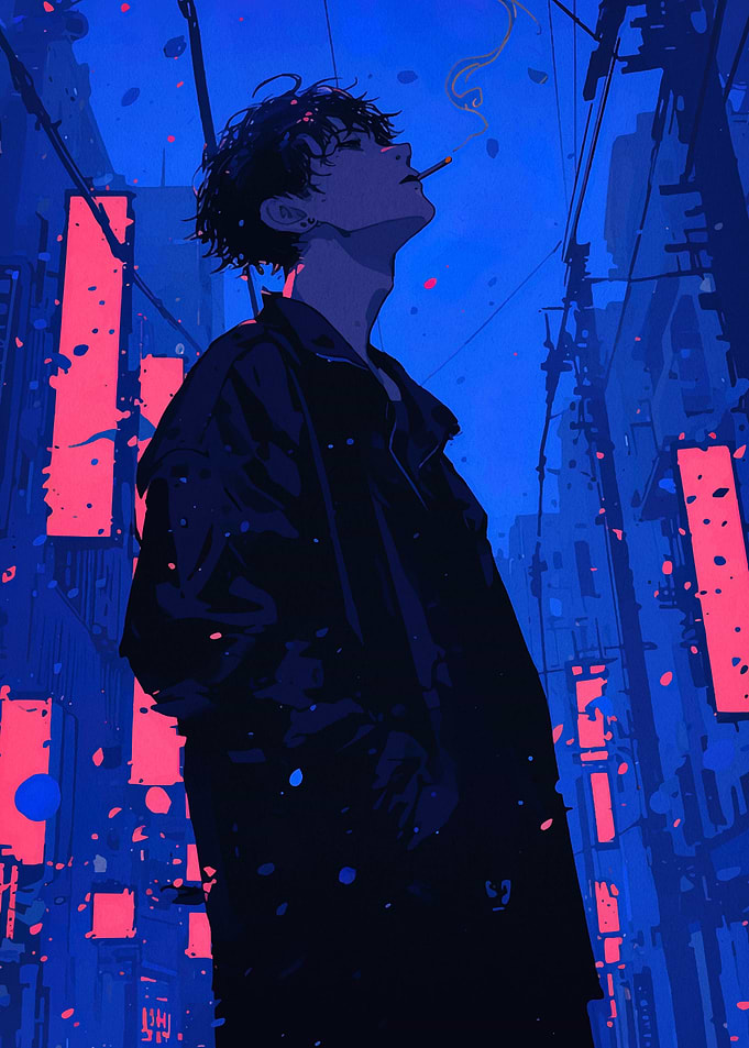Smoking Man in Blue Cityscape