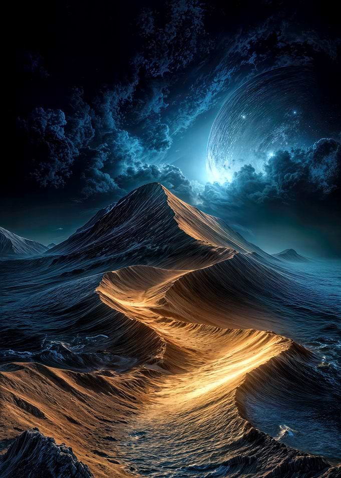 Surreal Mountain Landscape with Celestial Body