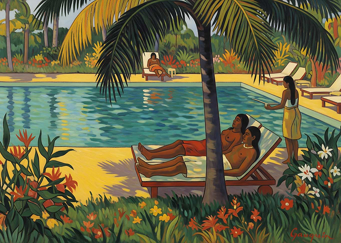 Tropical Poolside Scene in Gauguin Style