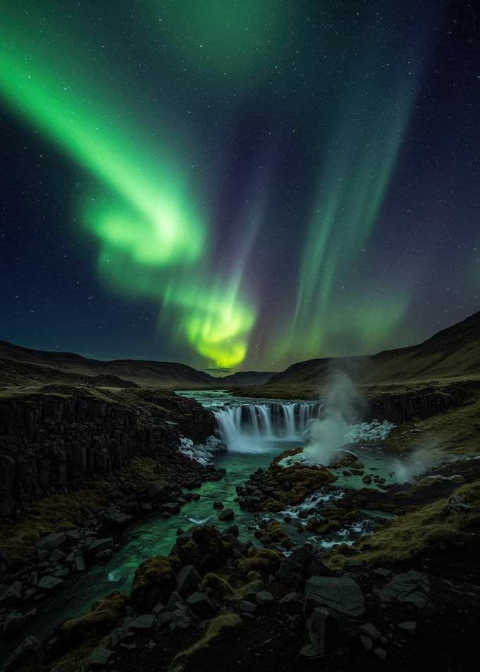 Aurora Borealis over Waterfall Landscape