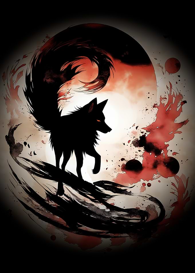 Silhouette Wolf with Red Moon