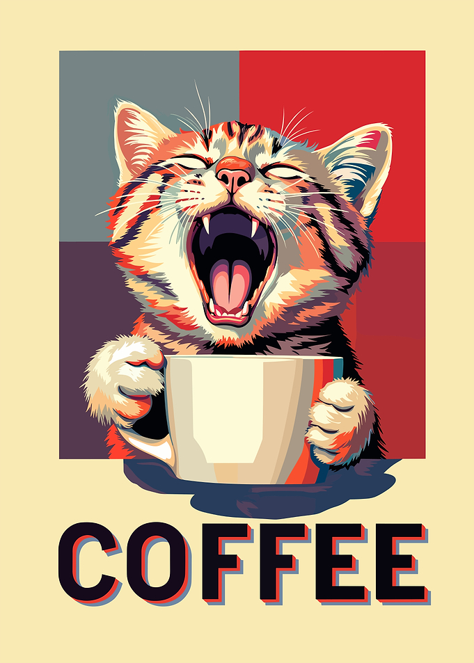 Cat Yawning with Coffee Cup Poster