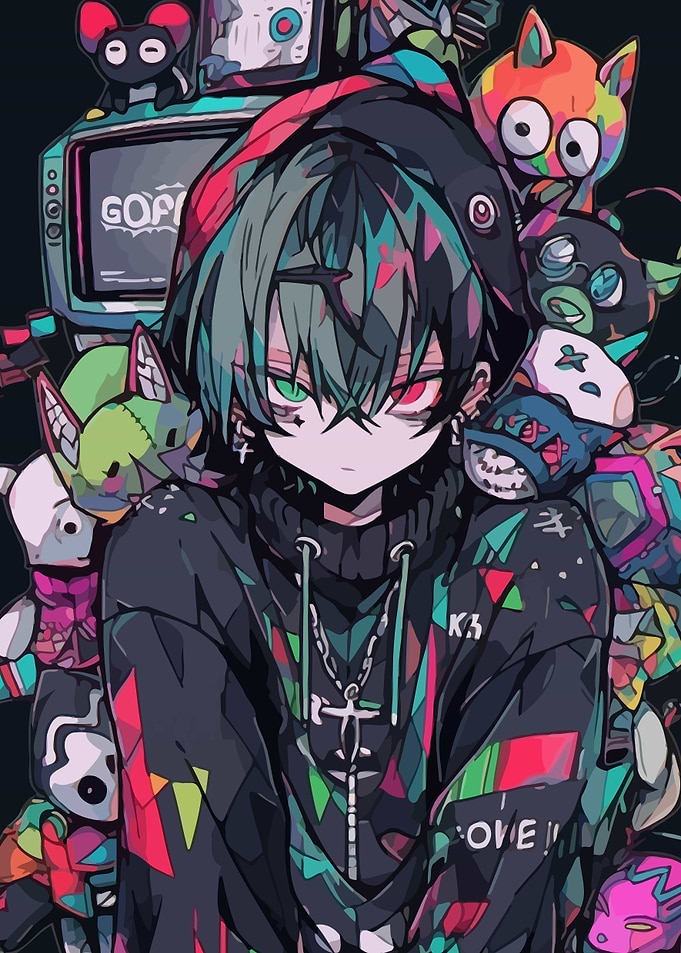 Anime Boy with Stuffed Animals