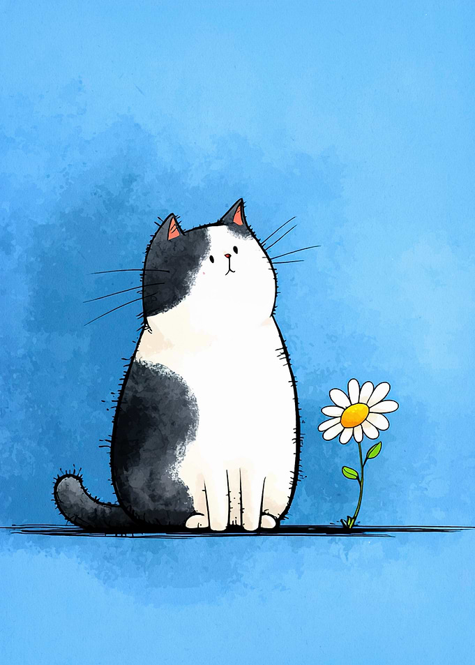 Cartoon Cat with Daisy Flower