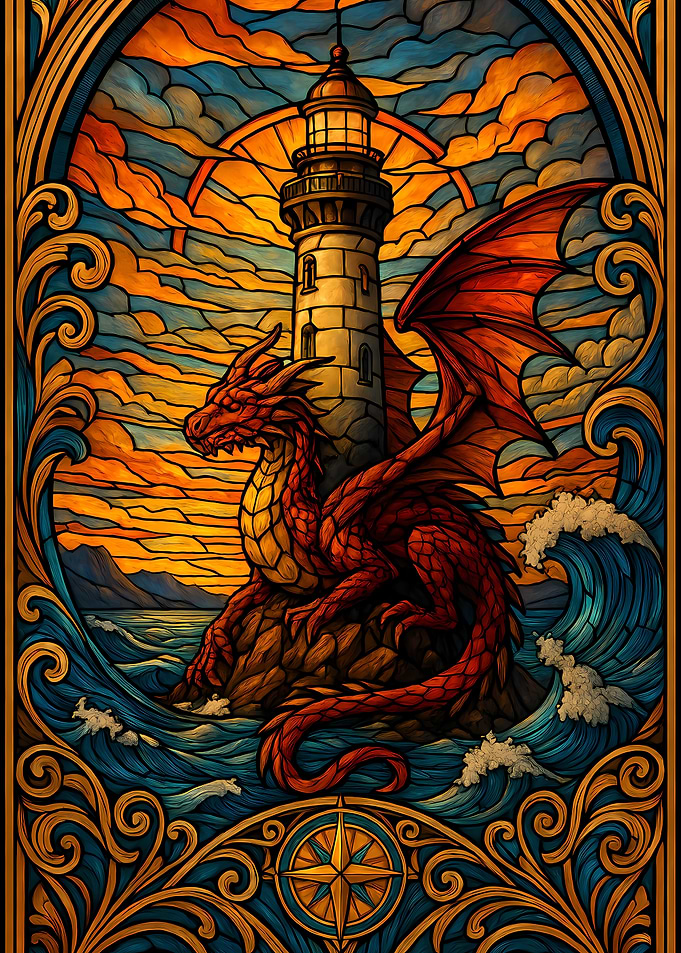 Dragon and Lighthouse Stained Glass Art