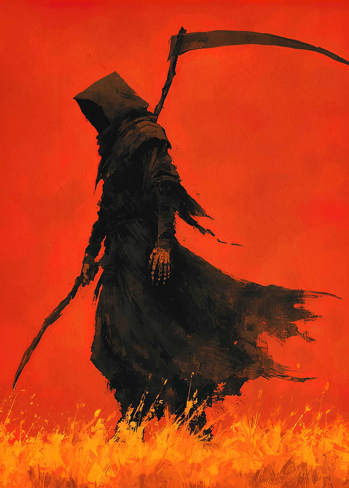 Grim Reaper in Fiery Landscape