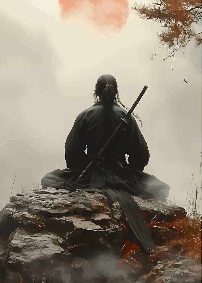 Meditating Samurai on Rocky Peak