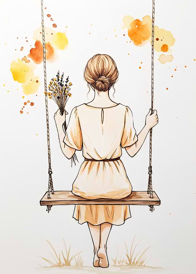 Girl on Swing with Flowers