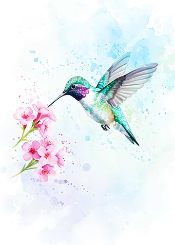 Hummingbird and Pink Flowers Watercolor Painting