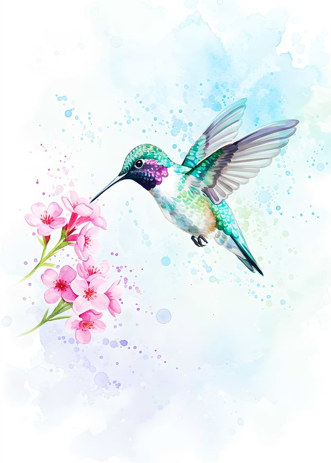Hummingbird and Pink Flowers Watercolor Painting