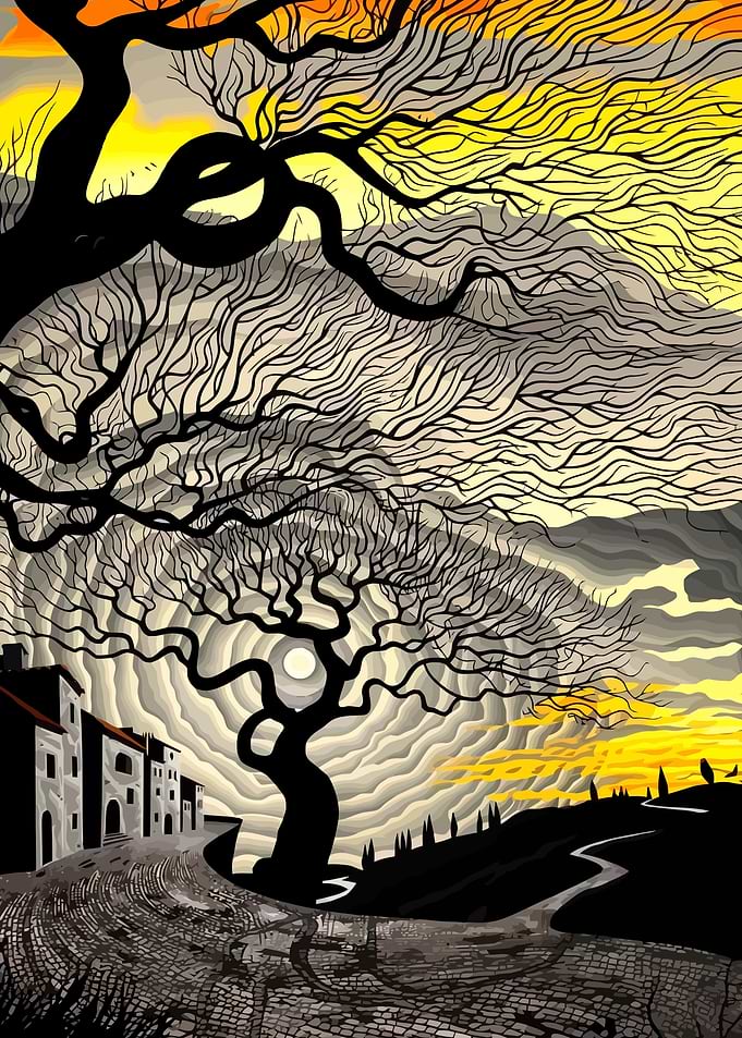 Stylized Landscape with Trees and Buildings