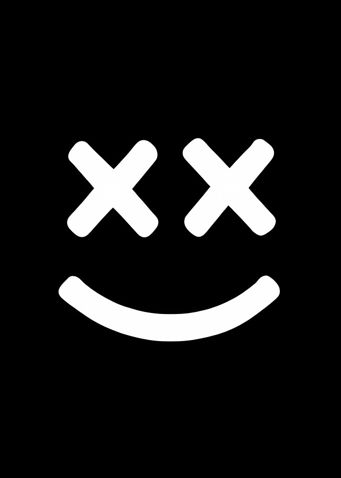 White X-Eyed Smiley Face on Black