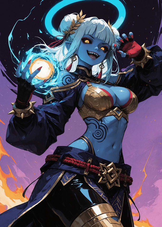 Blue-skinned Sorceress with Magical Orb