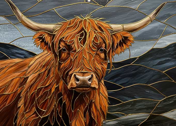 Highland Cow Stained Glass Style Painting