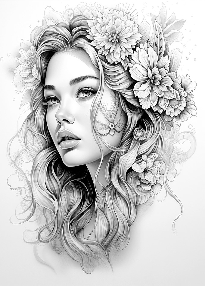 Floral Woman Portrait in Black and White