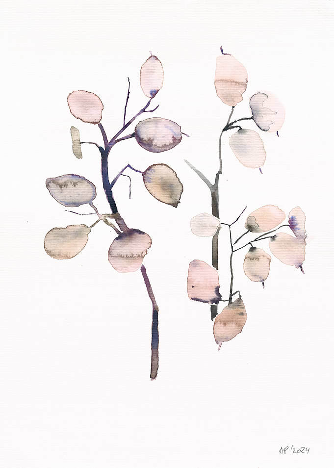 Watercolor Branches with Round Leaves
