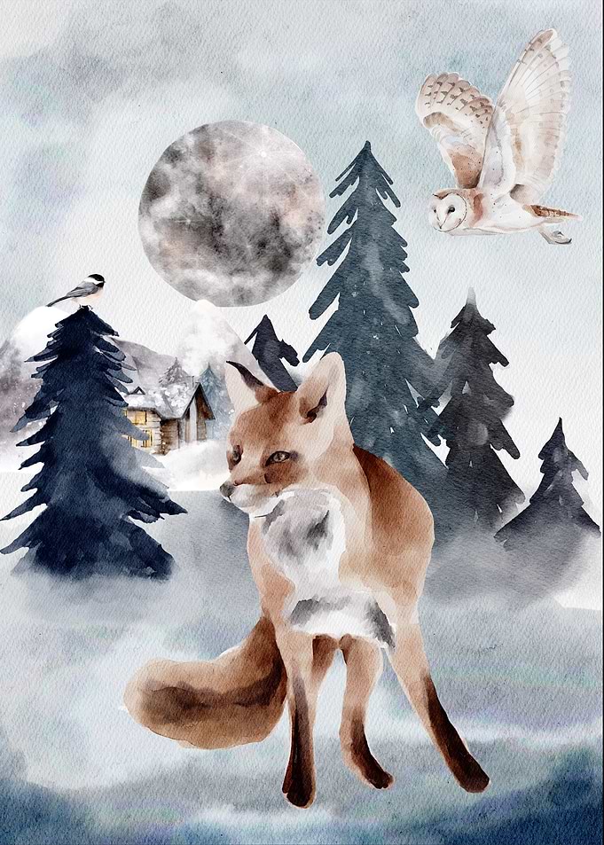 Watercolor Fox Owl and Winter Scene