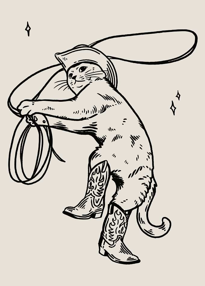 Cowboy Cat with Lasso and Boots, vintage art, western wall art