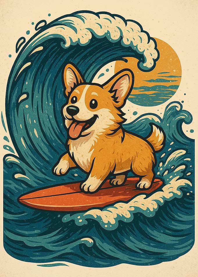 Surfing Corgi on a Wave