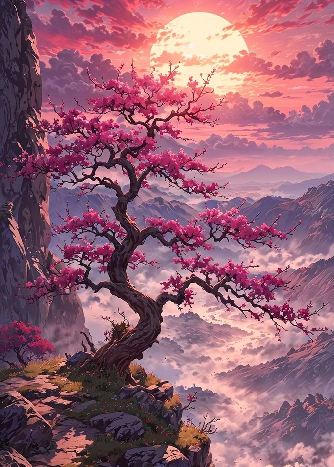 Cherry Blossom Tree at Sunset