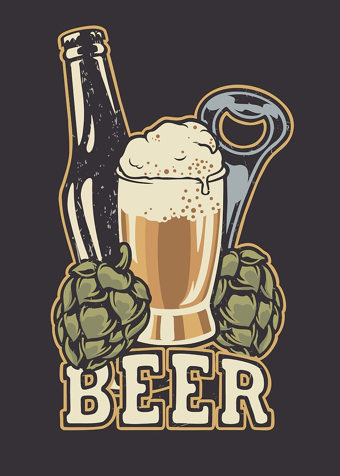 Beer Bottle, Glass, and Hops Illustration