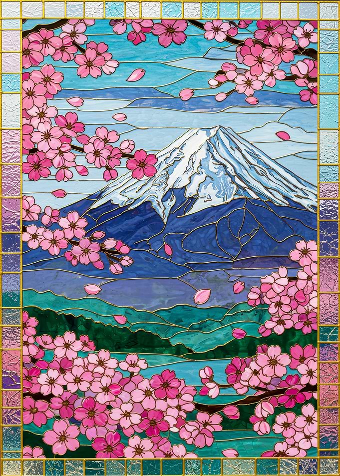 Mount Fuji and Cherry Blossoms Stained Glass