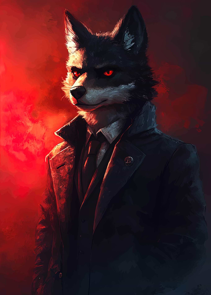Anthropomorphic Wolf in Suit with Red Eyes