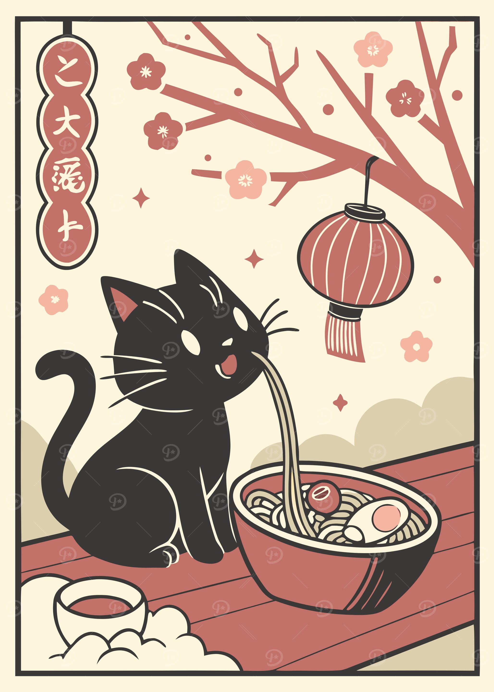 Cat Eating Ramen with Japanese Lantern