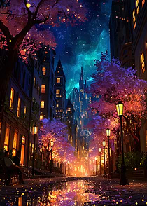 Night Cityscape with Cherry Blossoms